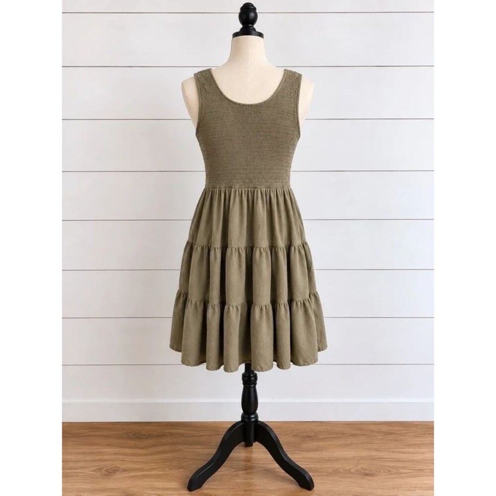 Extra Large Anrabess Olive Tiered Midi Dress Smocked Sleeveless Boho